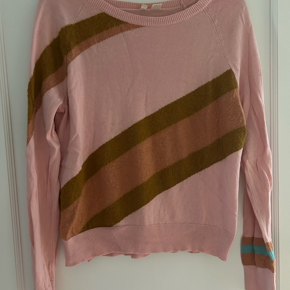 Moth Pink and Brown Crew Neck Sweater with Bold Stripes